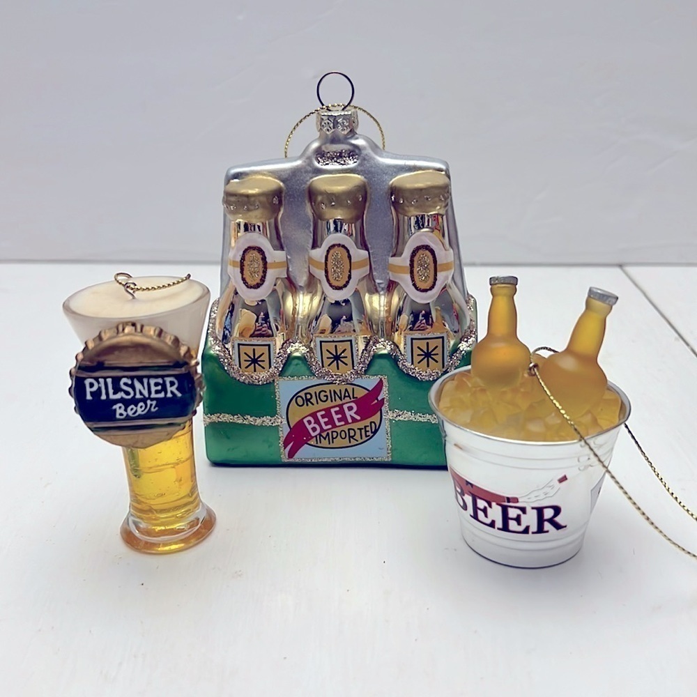 Lot of 3 Beer Christmas Ornaments Pilsner Beer Six Pack Bucket of Beer